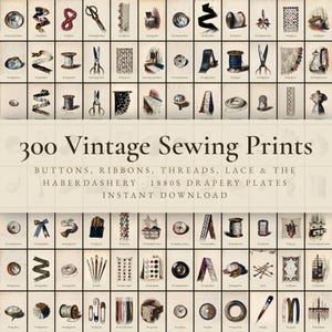 Puede incluir: Una colección de 300 impresiones de costura vintage con ilustraciones de botones, cintas, hilos, encajes y artículos de mercería de la década de 1880. El diseño de cuadrícula muestra varias herramientas de costura y accesorios textiles con etiquetas.