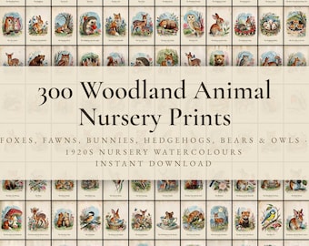 300 Woodland Animal Nursery Prints | Fox, Deer, Bunny, Hedgehog, Bear & Owl Wall Art Set | Vintage Baby Room Printable | Digital Download