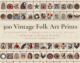300 Vintage Folk Art Prints | Scandinavian, Pennsylvania Dutch & Mexican Bird, Heart, Tulip Wall Art | Farmhouse Printable Download