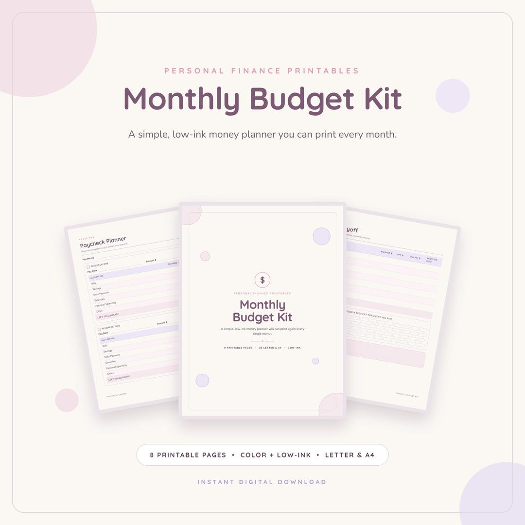Monthly Budget Planner Printable, Paycheck & Bill Tracker, Low Ink ...
