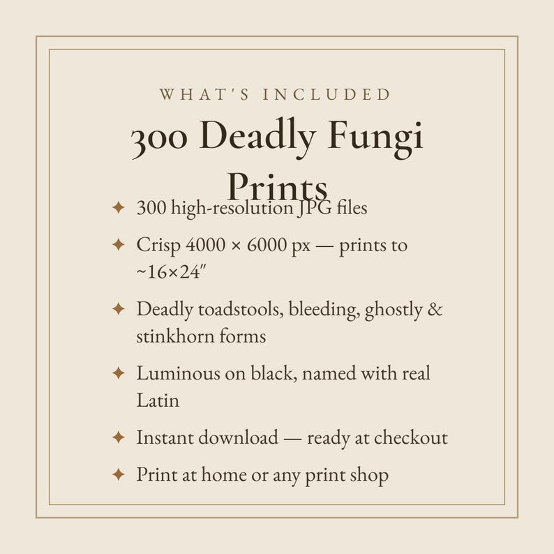 K&ouml;nnte beinhalten: Eine digitale Informationsgrafik mit dem Titel 300 Deadly Fungi Prints. Sie listet 300 hochaufl&ouml;sende JPG-Dateien mit 4000 x 6000 px auf, druckbar bis ca. 40 x 60 cm. Merkmale sind t&ouml;dliche Pilze, blutende, geisterhafte und Stinkmorchelformen, leuchtend auf Schwarz, mit lateinischen Namen, Sofort-Download und Druckoptionen f&uuml;r zu Hause oder im Laden.