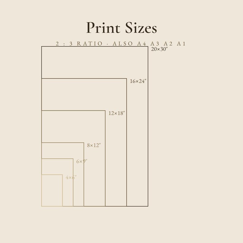 K&ouml;nnte beinhalten: Eine beige Informationstabelle mit dem Titel Print Sizes, die ein 2:3-Verh&auml;ltnis mit Abmessungen in Zoll zeigt, darunter 4x6, 6x9, 8x12, 12x18, 16x24 und 20x30. Die Grafik listet zudem A4, A3, A2 und A1 als alternative Papierformate auf.