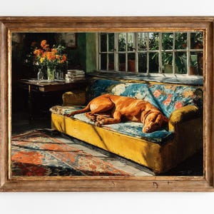Vintage Cottage Vizsla Dog Painting - Cozy Sleeping Dog on Floral Sofa, Warm Home Decor, Sunlit Interior, Printable Wall Art Download 1046
