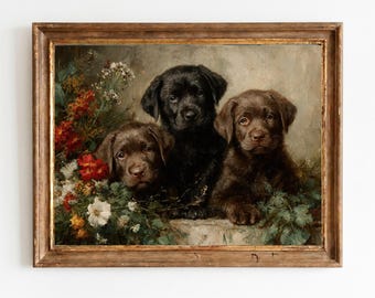 Druckbare Labrador Welpen Portrait, Vintage Gartenblumen, rustikale Kinderzimmer Wandkunst, klassische Erbstück Dekor, digitaler Download 1541