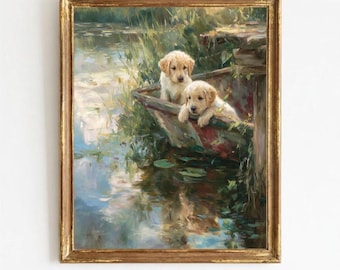 Gelbes Labrador Golden Retriever Welpen Ruderboot Druck | Seelandschaft Szene | Hundeliebhaber Geschenk | Kinderzimmer Wand Kunst | Digitaler Download
