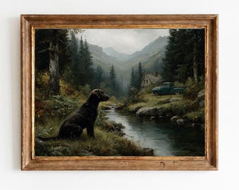 Rustikaler Vintage Labrador-Wald am Gebirgsbach, stimmungsvolles Gemälde, digitaler Download Druck 1542