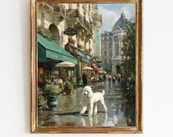 Caniche imprimible en una escena de café parisino vintage - Arte mural romántico, encantadora calle europea, elegante lámina de perro, acogedora descarga digital