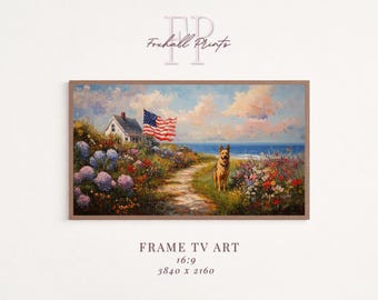 Cottagecore Coastal Garden Pathway Bilderrahmen TV Art, Americana Flagge Kunst für TV, Küstenlandschaft mit Schäferhund, digitaler Download 1209