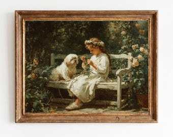 Niña pequeña en el jardín con corona de flores, vestido blanco, arte de pared estilo casa de campo, retrato infantil vintage, descarga digital 1467