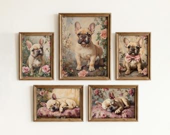 Girl Nursery Sleeping French Bulldog Printable Wall Art Set, Vintage Puppy Painting Bundle, Cottage Floral Decor Digital Download