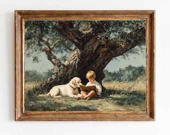 Druckbarer kleiner Junge mit goldenem Hund, Vintage Malerei, gemütliches Cottage Kinderwandkunst, digitaler Download 1436