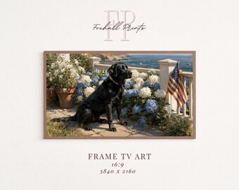 Schwarzer Labrador Küsten Vintage Samsung Rahmen TV Kunst Sommer Strand Szene Amerikanische Flagge druckbare Wand Dekor digitaler Download