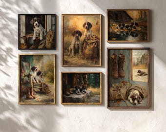Rustic German Shorthaired Pointer Puppy Prints, Set of 6 Vintage Farmhouse Wall Art, Country Dog Painting, Printable Digital Download 1600
