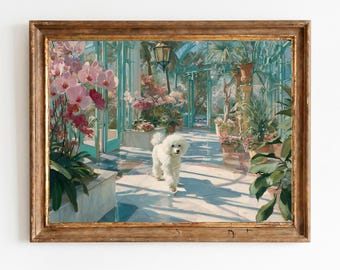 Estampado rústico de caniche estilo cabaña - Arte imprimible vintage, luminoso invernadero botánico, pintura al óleo de jardín soleado, descarga estilo cottagecore 1255