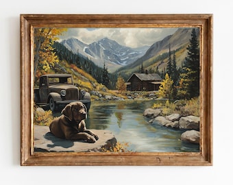 Chocolate Labrador by Mountain River - Rustikale Sporthütte Cabin Cabin Herbstlandschaft, Vintage druckbare Kunst zum Downloaden 1544