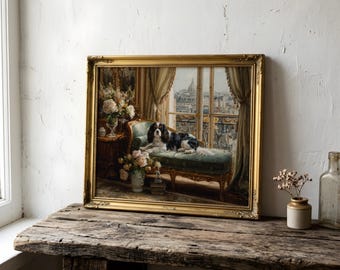 Cavalier King Charles Spaniel Portrait, eleganter Hund Kunstdruck, anspruchsvolles Chaise Lounge Gemälde, Druckbares Dekor Download 1602