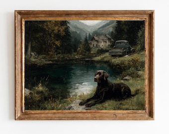 Sporting Labrador by River - Stimmungsvolle rustikale Hüttenlandschaft, Vintage Landschaftsdekor, druckbare Bauernhauswandkunst 1545
