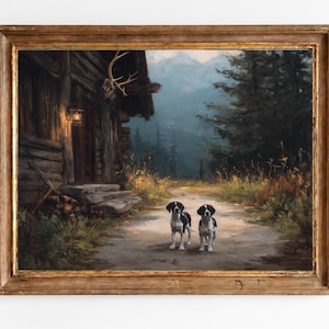 Rustic Puppies by Cabin - Moody Cottagecore Painting, Vintage German Shorthaired Pointer Print, Cozy Earthy Art, Printable Download 1295