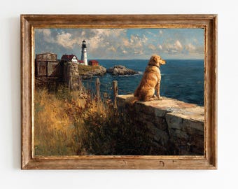 Golden Retriever Küstenleuchtturm Gemälde - Vintage Meerlandschaft Wanddekor, New England Nautical Decor, digitaler Download 1593