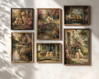 Cottage Garden Puppies Floral Wall Art Set of 6 Vintage Printable Paintings Digital Download Farmhouse Decor 1599