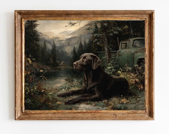 Chocolate Labrador Ruhende Berglandschaft - Rustikales Jagd Hundeportrait, Stimmungsvolle Cabin Dekoration, Vintage druckbare Kunst 1543