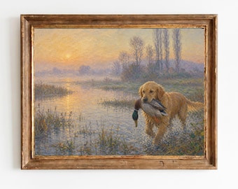 Vintage Hunting Dog Retriever Duck Marshland Landscape Art Print (Digital Download)