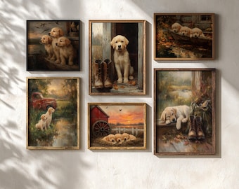 Rustic Golden Retriever Puppies Wall Art Set of 6, Vintage Farmhouse Printable, Country Cottage Decor, Digital Download 1598