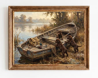Lámina de cachorros de labrador chocolate en bote / Escena de caza de patos en el pantano / Decoración de pared para cabaña de caza / Regalo para amantes de los perros / Descarga digital