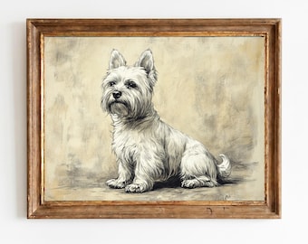 Antike Feder und Tinte Skizze West Highland White Terrier Portrait, Vintage Kunst, druckbare Wanddekoration, digitaler Download 1536