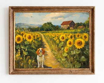 Paisaje rústico de granja, arte de campo de girasoles con perro - Acogedor sendero campestre vintage, pintura imprimible, decoración de pared pastoral, descarga 423