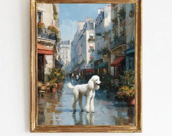 Caniche estándar blanco en una escena callejera parisina: encantador cuadro vintage para pared, ambiente acogedor de café europeo, descarga de pintura digital imprimible.