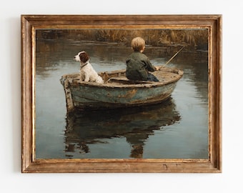 Vintage Junge fischt Ruderboot Druck, Stimmungsvolle Landschaftsmalerei, Rustikales Cottage Dekor, Americana Wandkunst, Hundebegleiter, digitaler Download 1425