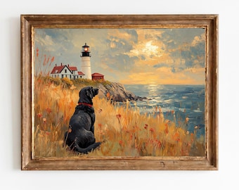 Küsten Sonnenuntergang schwarzer Labrador - Vintage Maine Leuchtturm Gemälde, Rocky Klippenwärter Hütte, druckbare digitale Download Wandkunst 1562