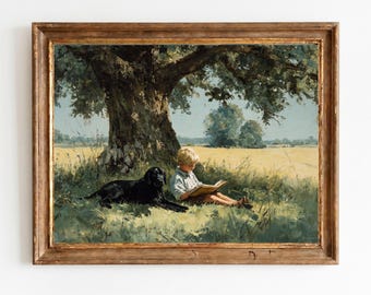 Imprimible: Niño leyendo un libro bajo la sombra de un árbol. Paisaje veraniego. Arte de pared de granja vintage. Acogedora escena campestre. Descarga digital 1437.