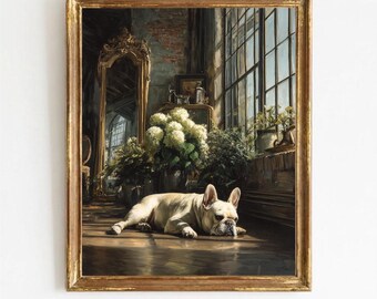 Vintage französische Bulldogge druckbare Wandkunst - stimmungsvolle, gemütliche Innenszene mit vergoldetem Spiegel, elegantes Schattenspiel, klassischer digitaler Download