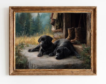 Rustikale Labrador Welpen Gemälde - Gemütliche Cottagecore Szene, Bauernhaus Tür und Wiese Landschaft, druckbare ländliche Wandkunst 1288