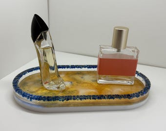 Gold Resin Vanity Tray | Handmade Glam Jewelry Tray | Blue Crystal Decorative Tray | Luxury Perfume Organizer