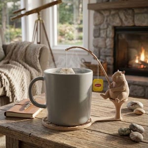 May include: A matte gray ceramic mug sits on a circular coaster. Attached to the coaster is a light brown figurine of a bear holding a fishing rod that suspends a Lipton tea bag into the hot liquid inside the mug, creating a whimsical tea-steeping scene.