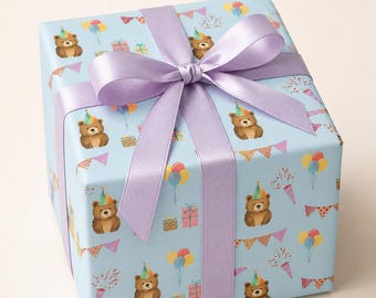Teddy Bear Birthday Wrapping Paper | Blue Party Balloons, Confetti Pattern