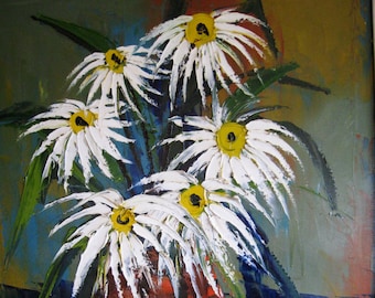 Mid Century Original Oil painting by Charles J. Beauvais listed California artist 1917-1976 titled "Spider Daisies"