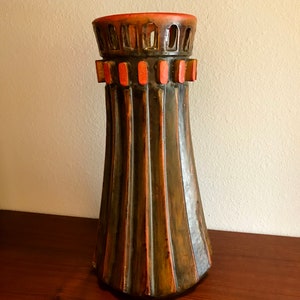 アルヴィーノ・バーニ アート陶器花瓶 14.5 インチ ヴィンテージ オリジナル イタリア製 レイモア ミッドセンチュリー モダン ブルータリスト ドリップ グレーズ 1970 年代