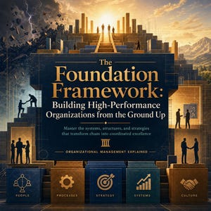 Könnte beinhalten: Ein Buchcover mit dem Titel The Foundation Framework: Building High-Performance Organizations from the Ground Up. Das Design zeigt einen dunkelblauen Mittelblock mit goldenem Text, umgeben von Silhouetten von Menschen auf gestuften Steinstrukturen.