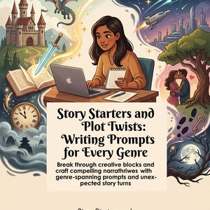 May include: A book cover titled Story Starters and Plot Twists: Writing Prompts for Every Genre. The illustration features a person at a desk with a laptop, surrounded by fantasy, sci-fi, and romance imagery including a castle, dragon, and spaceships.