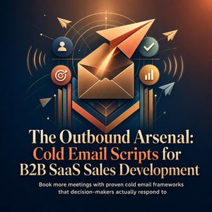 May include: A digital graphic featuring a gold envelope with a paper airplane emerging from it, surrounded by icons of a person, checkmark, target, and bar chart. The text reads: The Outbound Arsenal: Cold Email Scripts for B2B SaaS Sales Development.