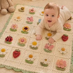 Crochet Baby Blanket PDF Pattern Floral Granny Square Afghan 25 Daisy Bee Butterfly Appliqué Squares Beginner Nursery Blanket