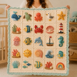 Granny Square Crochet Baby Blanket PDF Pattern 25 Ocean Animal Appliqué Squares