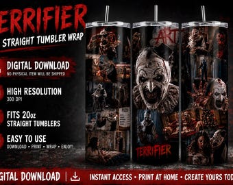 Terrifier Art the Clown Horror Tumbler Wrap PNG | 20oz Skinny Straight Sublimation Design | Digital Download