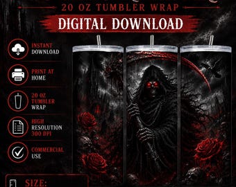 Gothic Reaper Tumbler Wrap | Grim Skull Roses Horror Design (Digital Download)