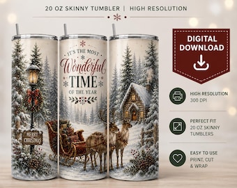Winter Forest Cabin Reindeer Tumbler Wrap | Merry Christmas Scene (Digital Download)