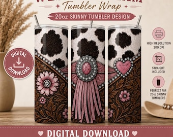 Pink Cowhide Western Tumbler Wrap | Floral Tooled Leather Sublimation Design (Digital Download)